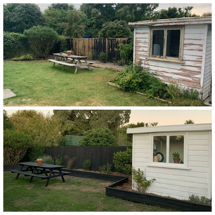 Before and after pics of a DIY garden shed makeover, showing a refreshed shed and tidier backyard.
