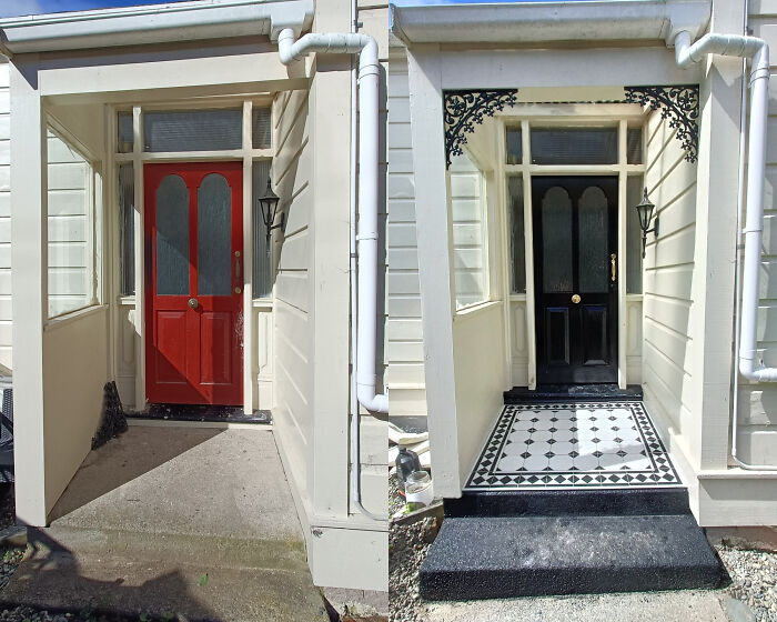 Before and after pics of a DIY home entrance upgrade, featuring a red door changed to black and new tiling.