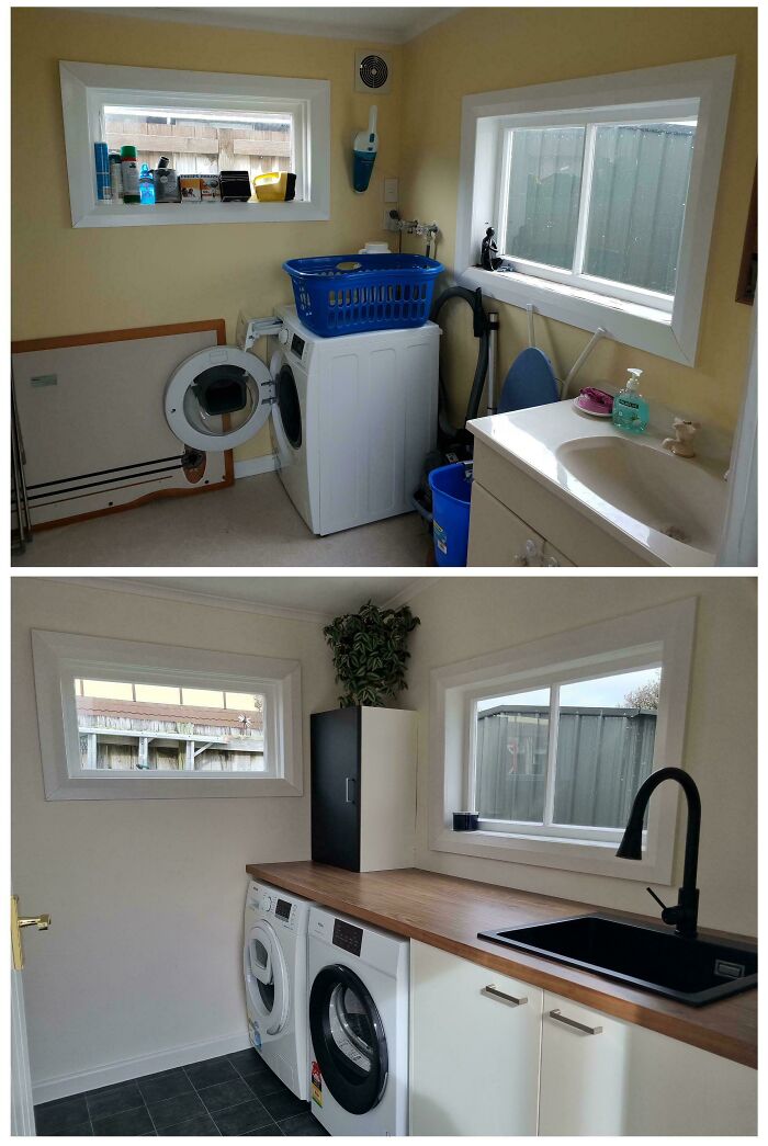 Before and after pics of a DIY laundry room renovation, showing improved organization and modern design.