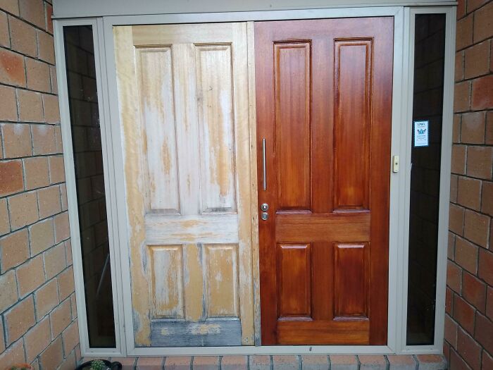 Before and after pics of DIY improvements, presenting a front door half stripped and half beautifully stained and restored.
