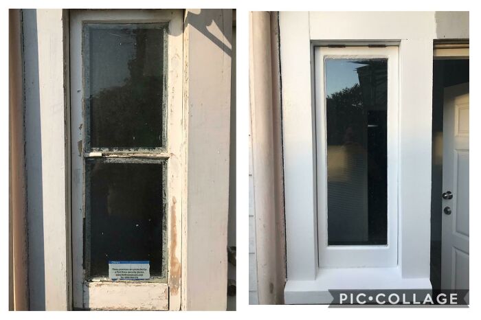 Before and after pics of DIY improvements: old, worn window frame and glass replaced with a clean, modern window.