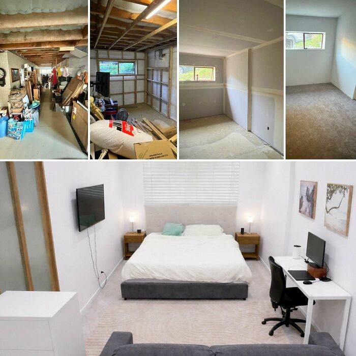 Full room DIY improvements before and after pic, transforming a cluttered space into a modern bedroom.