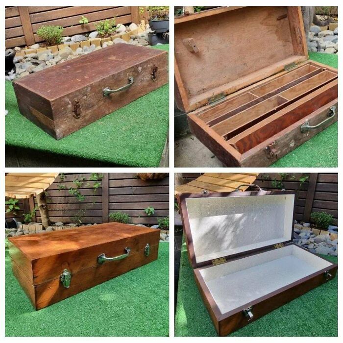 Wooden toolbox DIY improvements before and after pic, showcasing a restored antique with new lining.