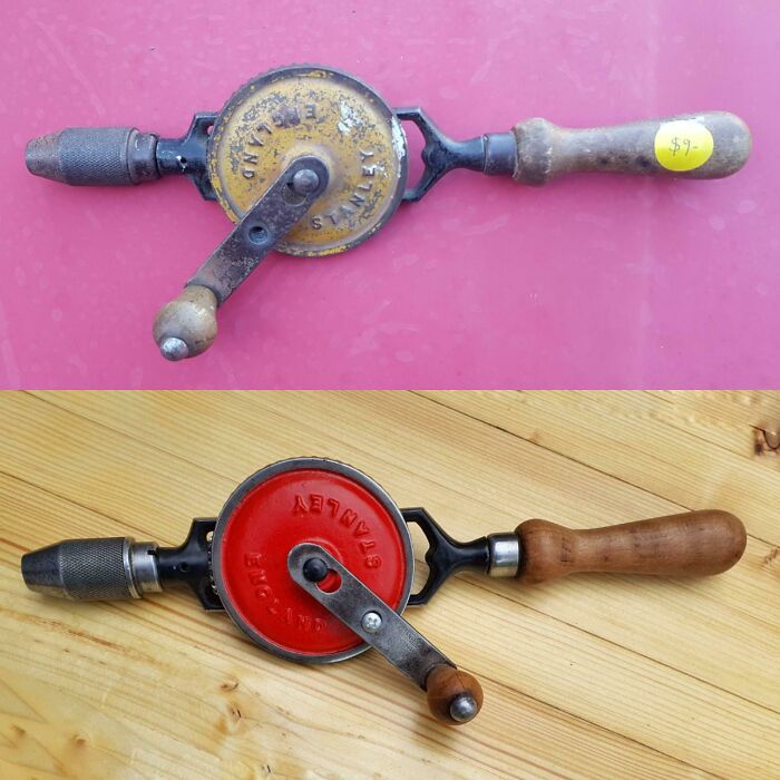 DIY improvement before and after pics showing a vintage hand drill restored to its original charm.