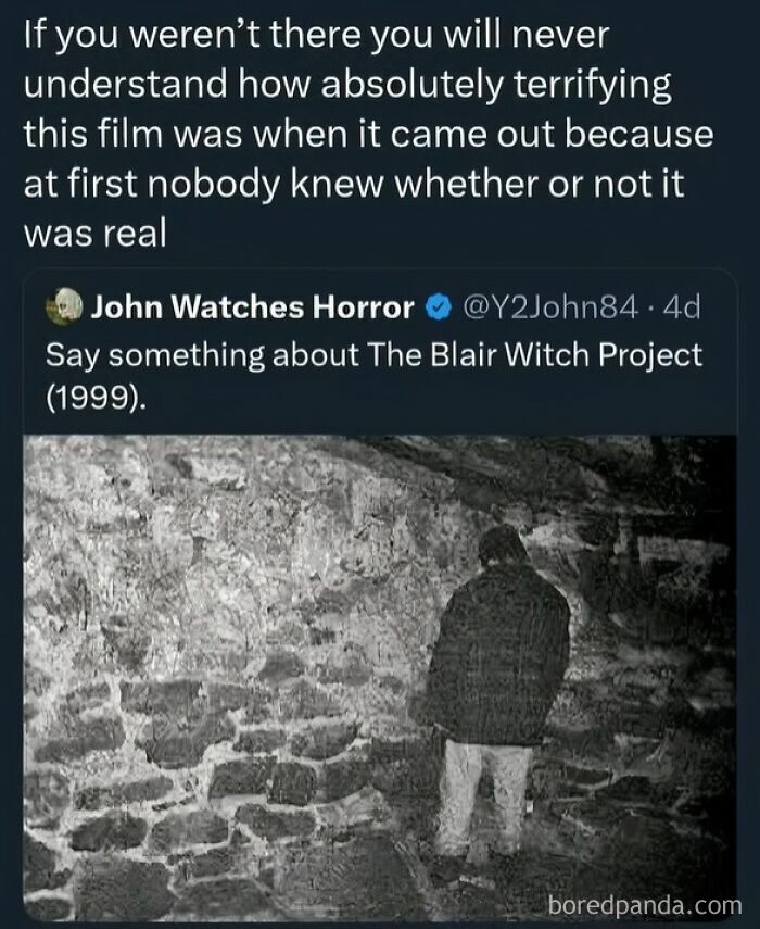 A black and white image of a person facing a stone wall, representing a terrifying scene from The Blair Witch Project, a 90s meme.