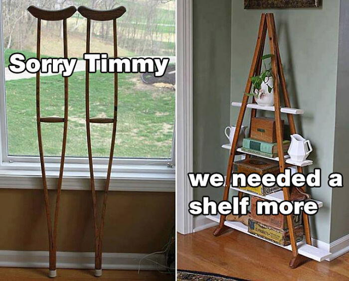 Before and after pics of crutches repurposed into a stylish wooden shelf, highlighting DIY improvements.