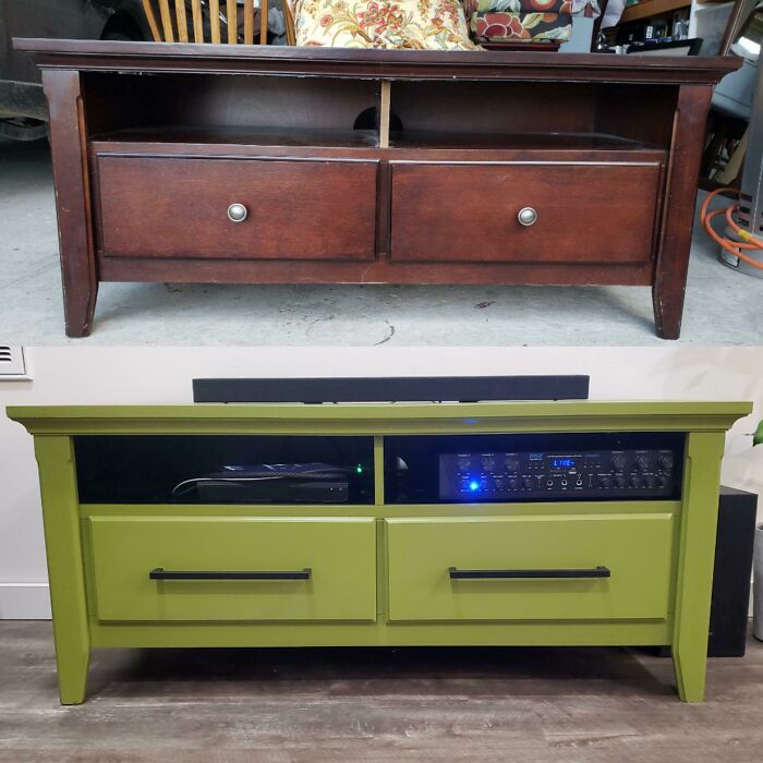 Before and after pics of a brown media console transformed into a green one, showcasing DIY improvements.