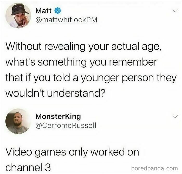 Hilarious 90s meme tweet asking about things younger people won't understand, like video games on channel 3.