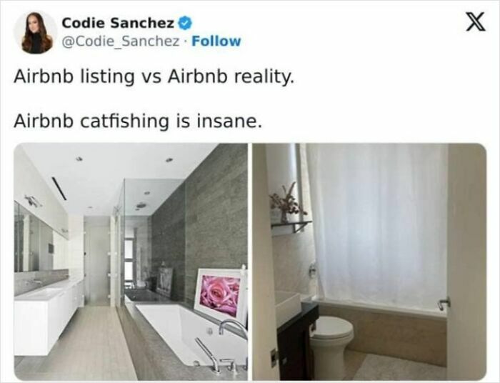 A tweet from Codie Sanchez showing an Airbnb listing of a luxurious bathroom vs the cramped, basic reality.