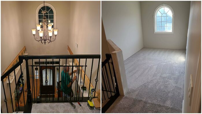 Before and after pics of a DIY home improvement project showing a new carpet and renovated staircase.