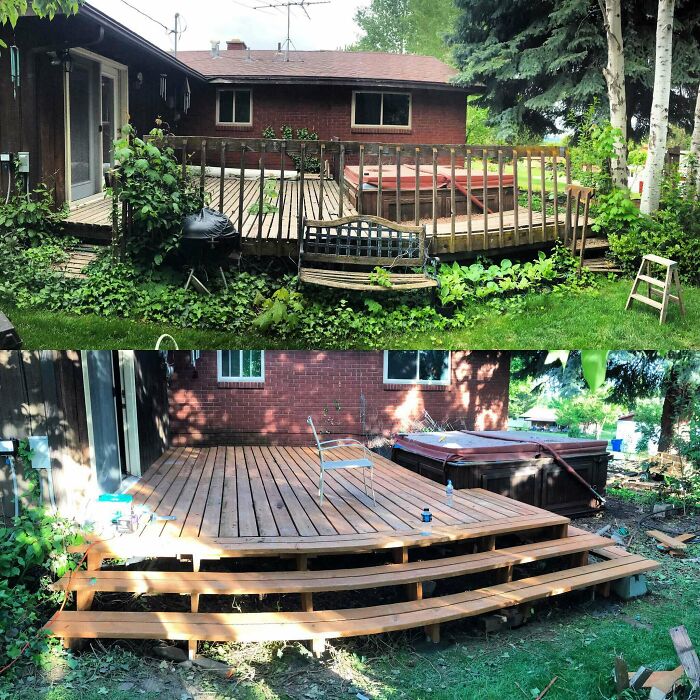 Before and after pic showing a DIY improvement of an old, overgrown deck transformed into a spacious, multi-level wooden deck.