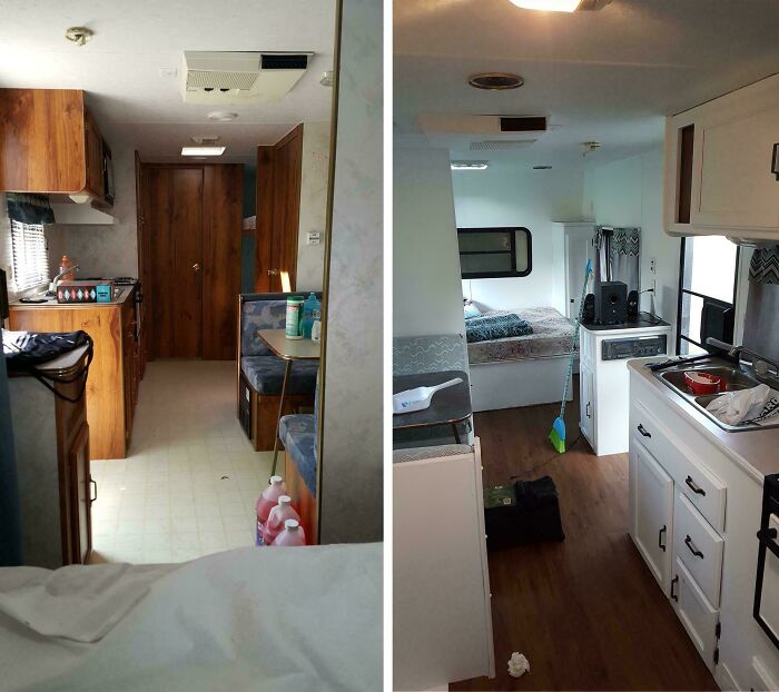 Before and after pics of a camper interior with DIY improvements, featuring updated cabinets and flooring.