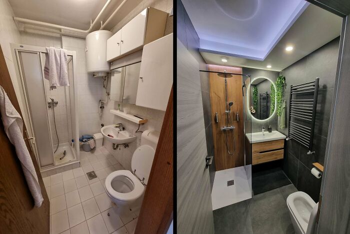 Before and after pics of a small bathroom DIY improvement showing a sleek vanity, shower, and toilet.