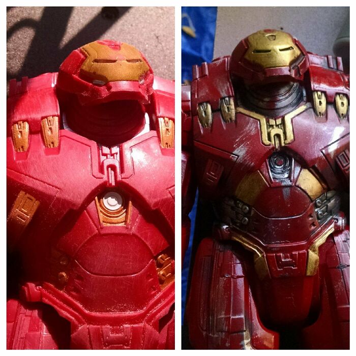 Before and after pics of a DIY improvement on a red and gold action figure, showcasing enhanced detail.