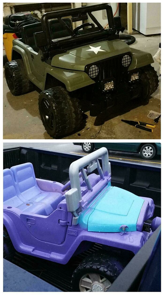 Before and after pics of a childs toy car with DIY improvements, painted military green with a white star.