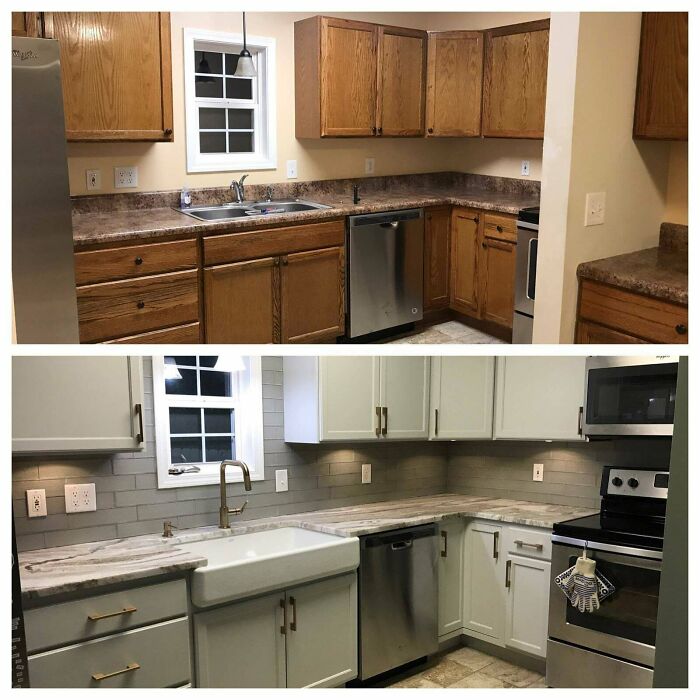 DIY improvements before and after pics of a kitchen, featuring updated cabinets, countertops, and appliances.