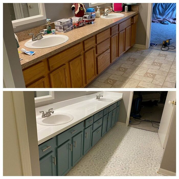 Before and after pics of a bathroom DIY improvement, featuring updated cabinets and floor tiling.