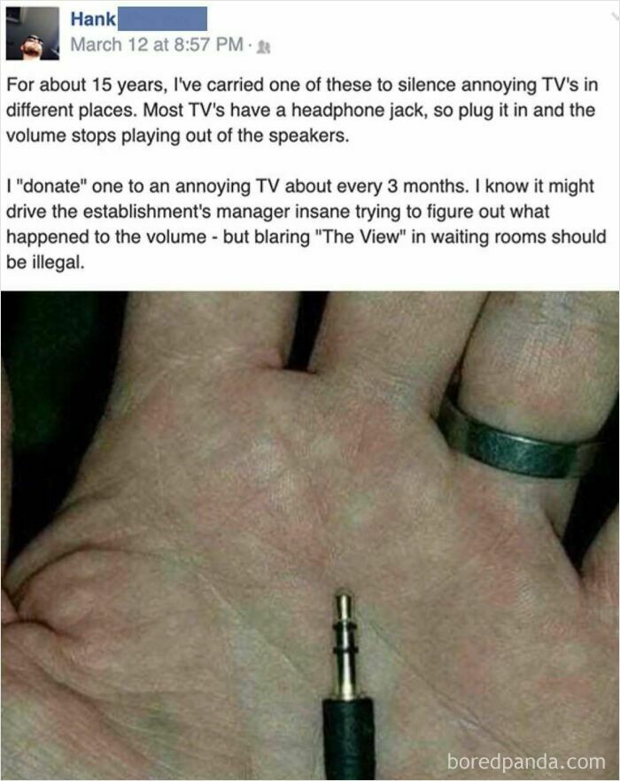 A man gets back at annoying TVs by carrying a headphone jack to silence them in public places.