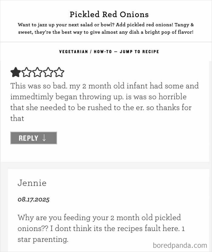 A screenshot showing a 1-star review about pickled red onions and a reply questioning feeding them to a 2-month-old, highlighting people so dumb.