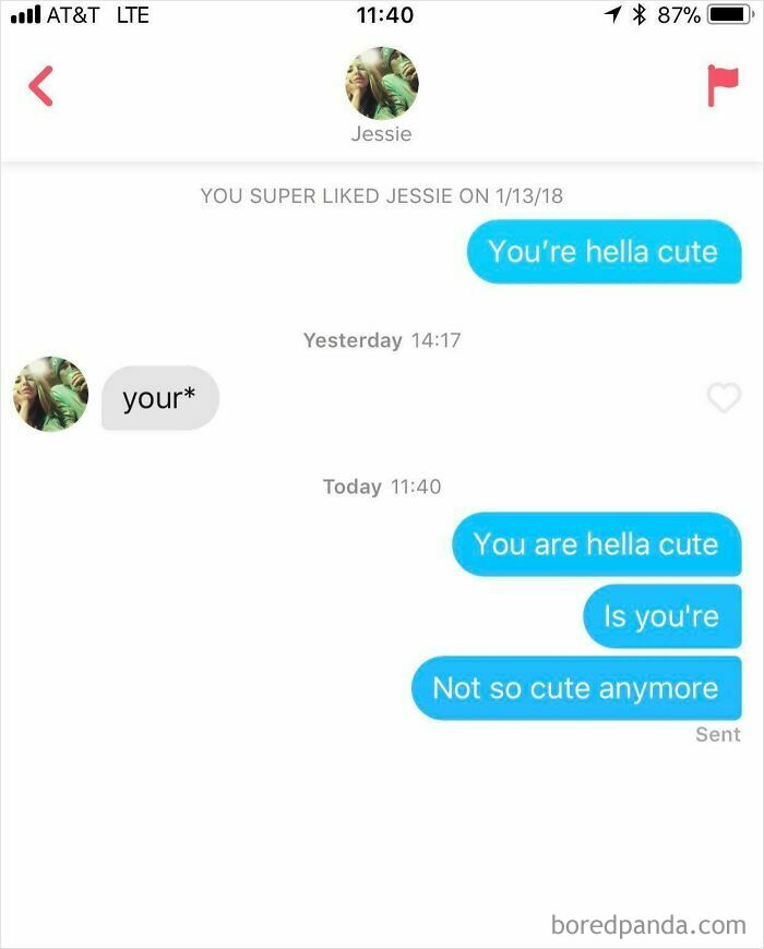 A screenshot of a Tinder conversation where a grammar correction leads to the user regretting their compliment, illustrating dumb people.