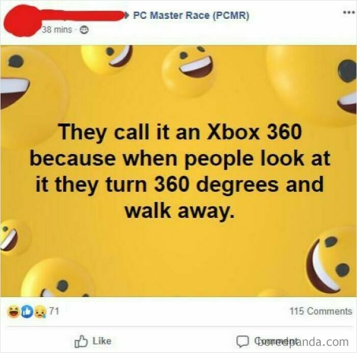 A social media post with a meme on a yellow emoji background about the Xbox 360, highlighting dumb people.