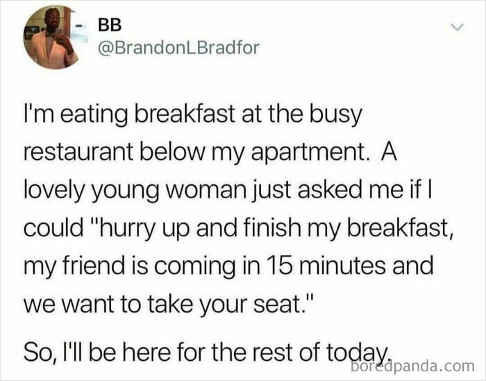 A tweet from BrandonLBradfor about a woman asking him to hurry up with breakfast, showing little hope for humanity.