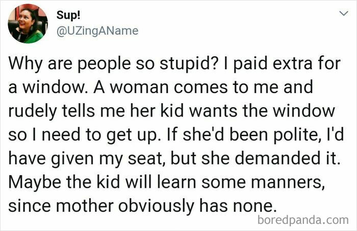 A tweet from @UZingAName detailing a rude encounter about a window seat, highlighting a lack of hope for humanity.