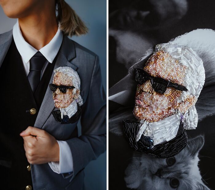 Two views of beaded creations by Tiffany Pisani: a man in a suit wearing a brooch and a close-up of another brooch.