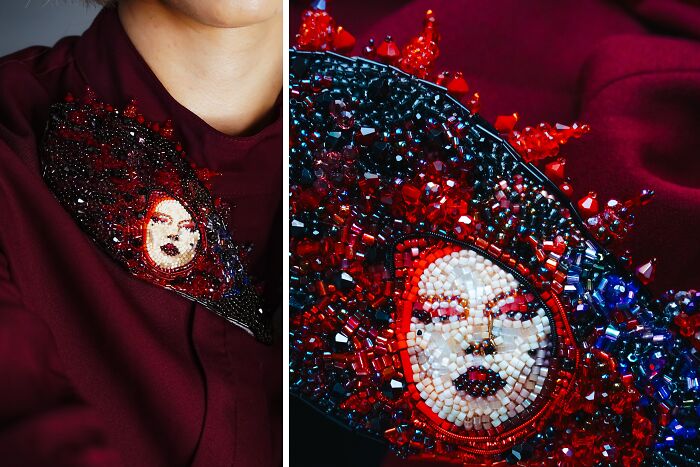 Detailed beaded creation by Tiffany Pisani, a stunning brooch resembling a fiery figure with intricate beadwork.
