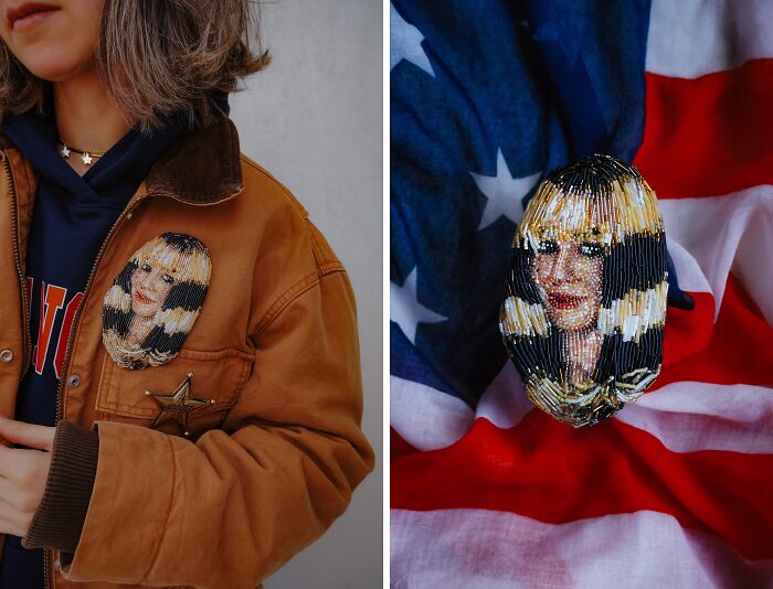 Tiffany Pisani beaded creations: Madonna brooch on a jacket and American flag.