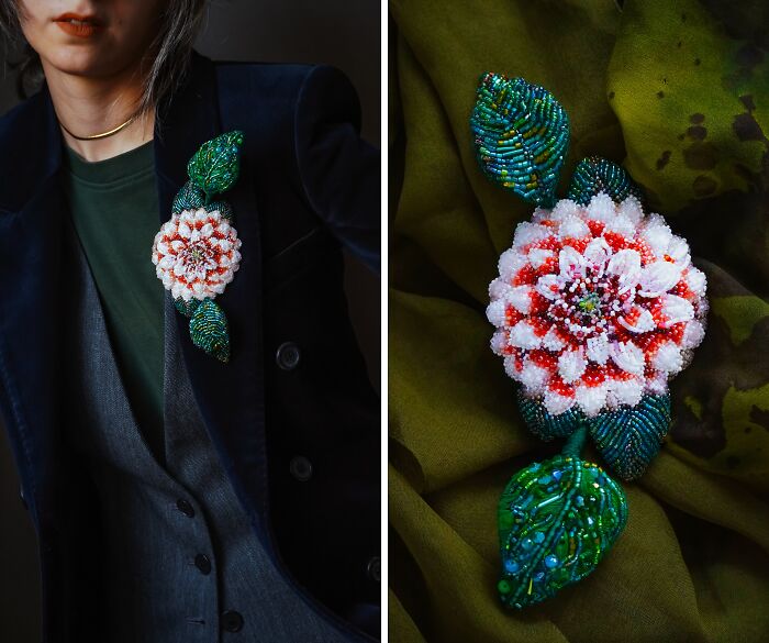 Floral beaded creation by Tiffany Pisani worn as a brooch on a dark blue suit jacket, alongside a close-up of the delicate beaded flower.