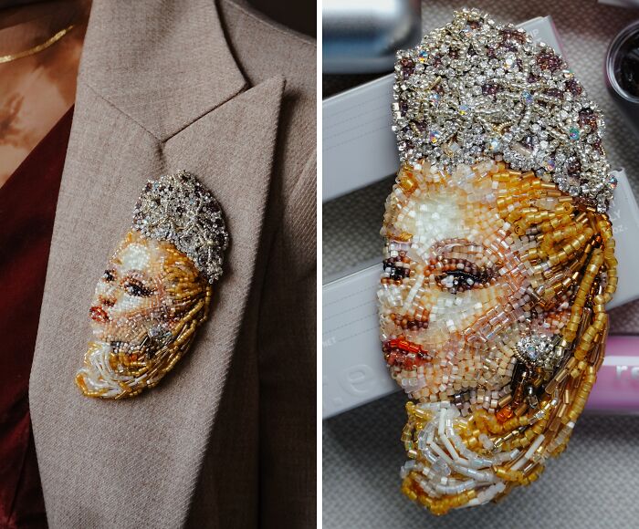 Marilyn Monroe-inspired beaded creation by Tiffany Pisani, fashioned as a brooch on a beige lapel, shown with a detailed close-up of the intricate beading.