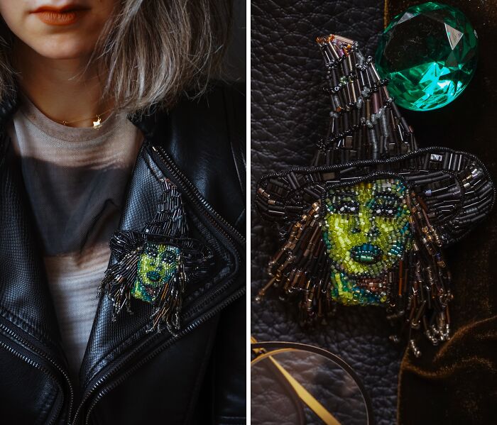 Witch-themed beaded creation by Tiffany Pisani, worn as a brooch on a black leather jacket, with a close-up revealing the intricate details of the beaded design.