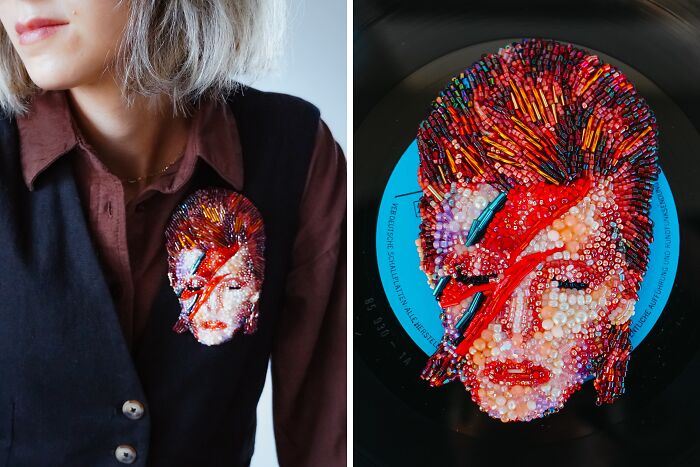 Tiffany Pisani beaded creations: David Bowie brooch on a jacket and a vinyl record.