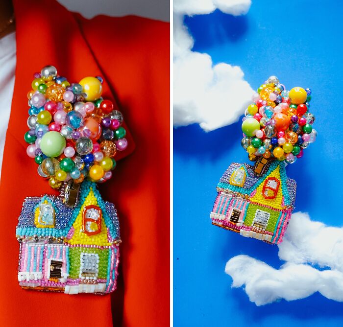 Tiffany Pisani beaded creations: Beaded house brooch inspired by Up, floating with colorful balloons.