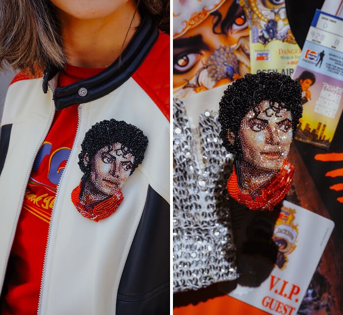 Beaded creation of Michael Jackson on a jacket by Tiffany Pisani, an incredible beaded creation.