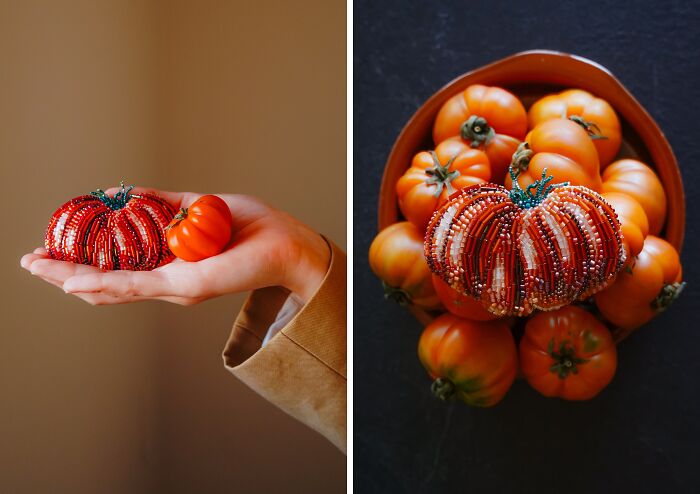 Unique beaded creation of a tomato, held in a hand and alongside real tomatoes, by Tiffany Pisani.