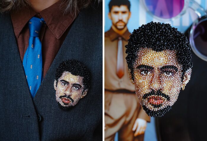 Intricate beaded creation of a man's portrait brooch by Tiffany Pisani, an incredible beaded creation.
