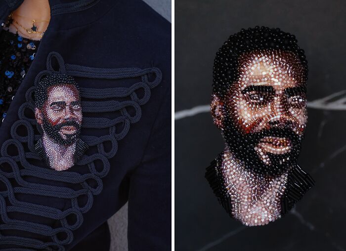 Detailed beaded creation of a man's portrait on a jacket by Tiffany Pisani, showcasing incredible beaded artwork.