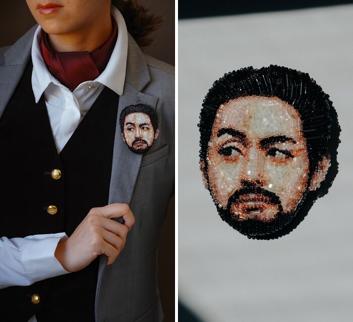 Tiffany Pisani's beaded creations: a detailed portrait brooch worn on a blazer, alongside a close-up of the artwork.