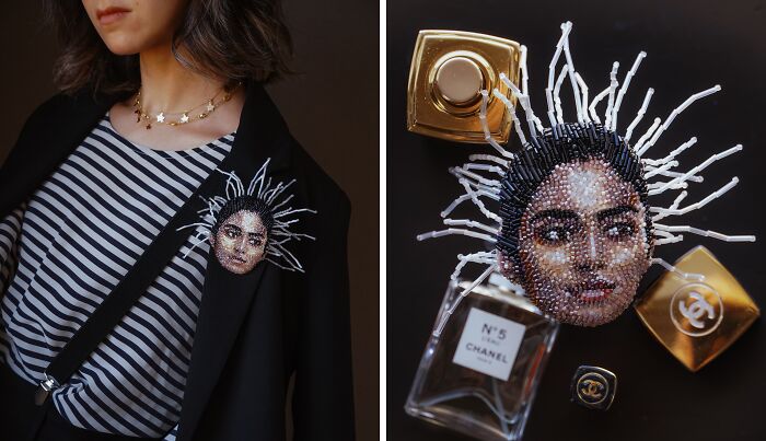 Detailed beaded creations by Tiffany Pisani of a Michael Jackson portrait brooch on a blazer and next to perfume.