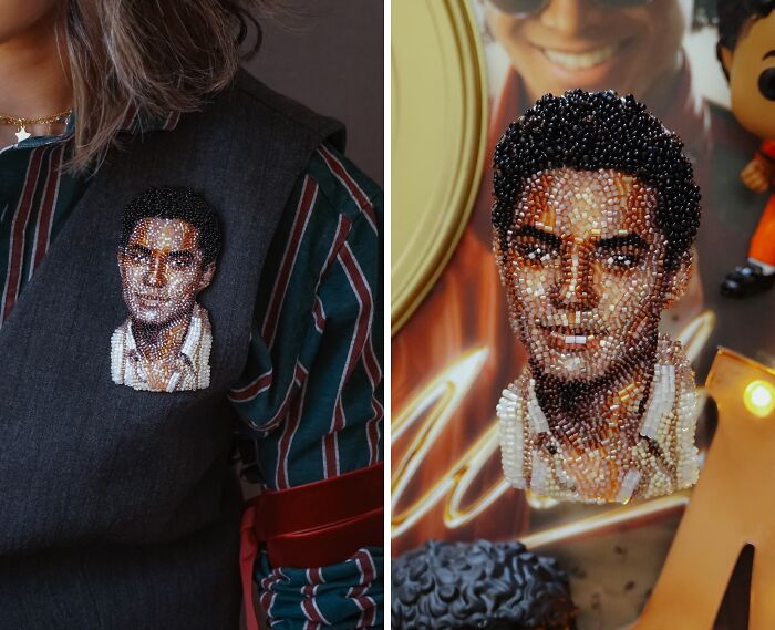 Tiffany Pisani's beaded creations of a Michael Jackson portrait brooch on a gray vest and a close-up.