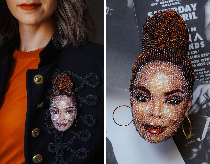 A two-panel image of a beaded brooch by Tiffany Pisani featuring a woman's face with hair in a bun.