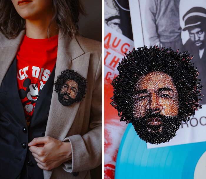 A two-panel image displaying a man wearing a beaded brooch by Tiffany Pisani featuring a man's face.