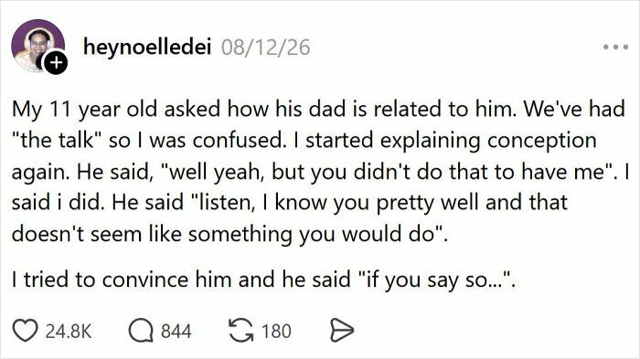 A screenshot of a humorous tweet showing the comedy of raising kids, with an 11-year-old confused about how his dad is related to him.