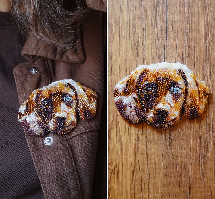 A two-panel image of an adorable dog face beaded brooch by Tiffany Pisani, worn on a brown jacket.
