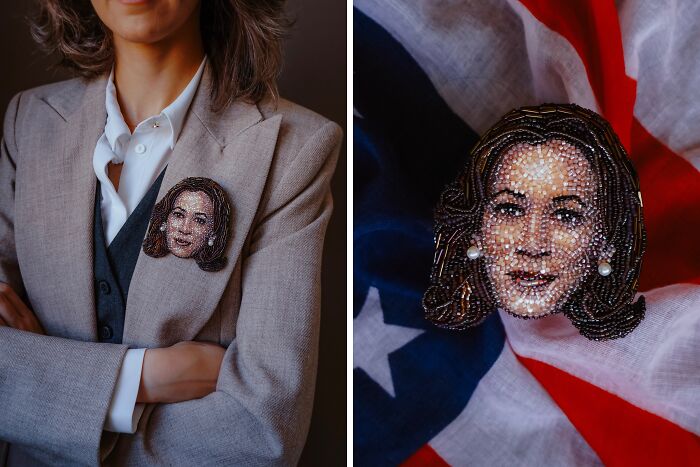 A beaded creation by Tiffany Pisani, showing a Kamala Harris portrait brooch, pinned to a business suit and against an American flag.