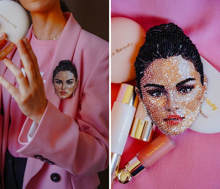 A beaded creation by Tiffany Pisani, featuring a detailed Selena Gomez portrait brooch, shown on a pink blazer and with makeup products.