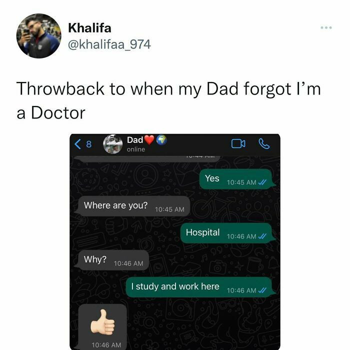 A screenshot of a text message exchange showing a dad forgetting his child is a doctor, one of many wholesome posts.