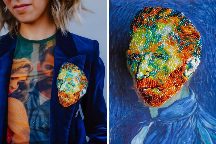 A vibrant beaded creation by Tiffany Pisani, depicting a Van Gogh self-portrait brooch, pinned to a blue velvet jacket.